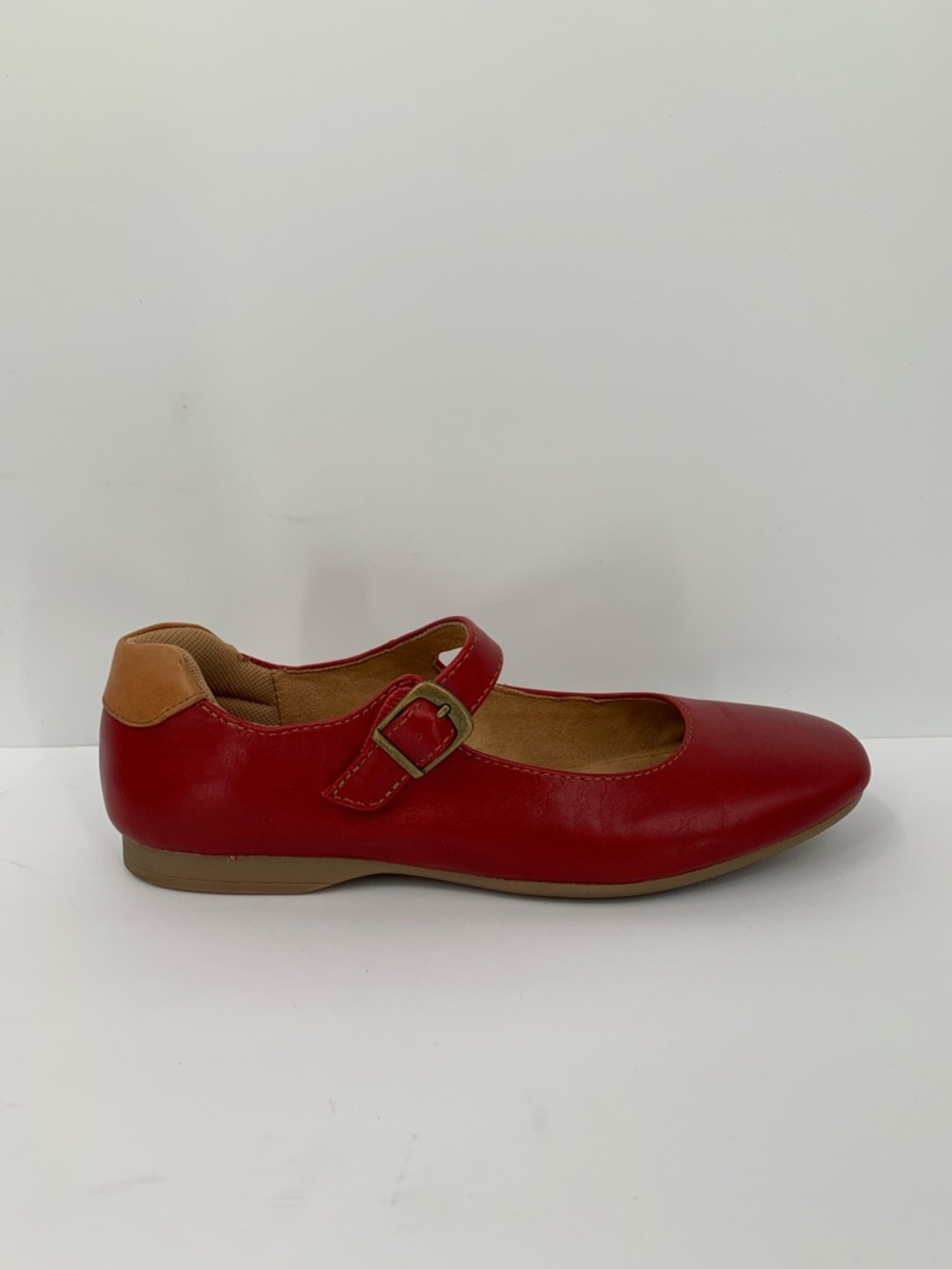 Comfortiva Red Mary Jane Flats with Tan Heel Accent
